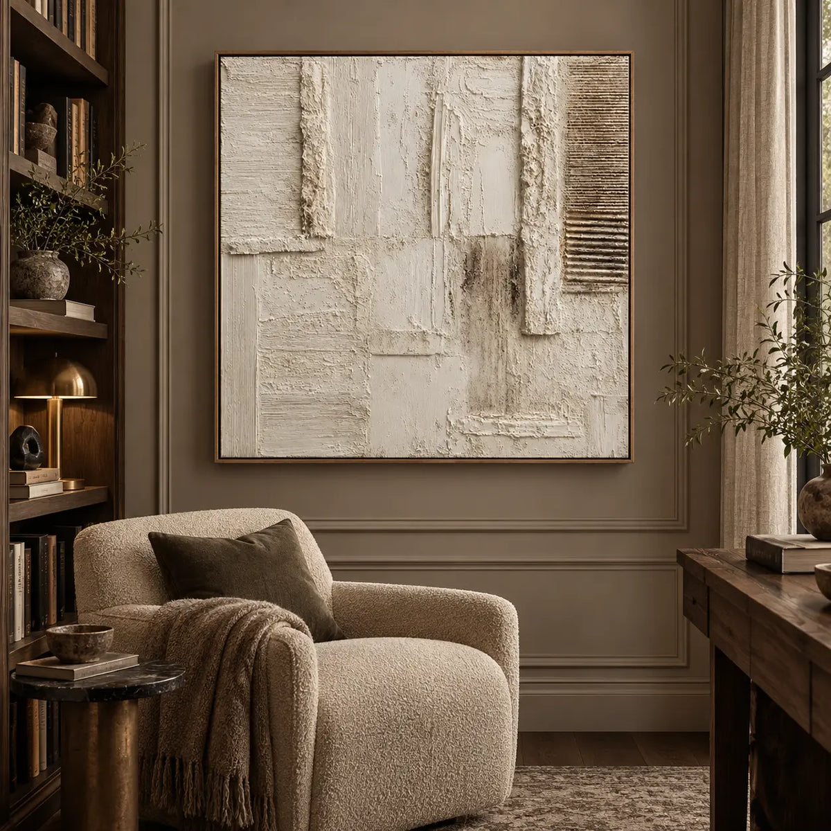 The Chalkwork Grid: beside a cream armchair and dark wood library shelves