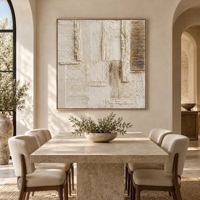 The Chalkwork Grid: above a rectangular stone dining table with upholstered chairs