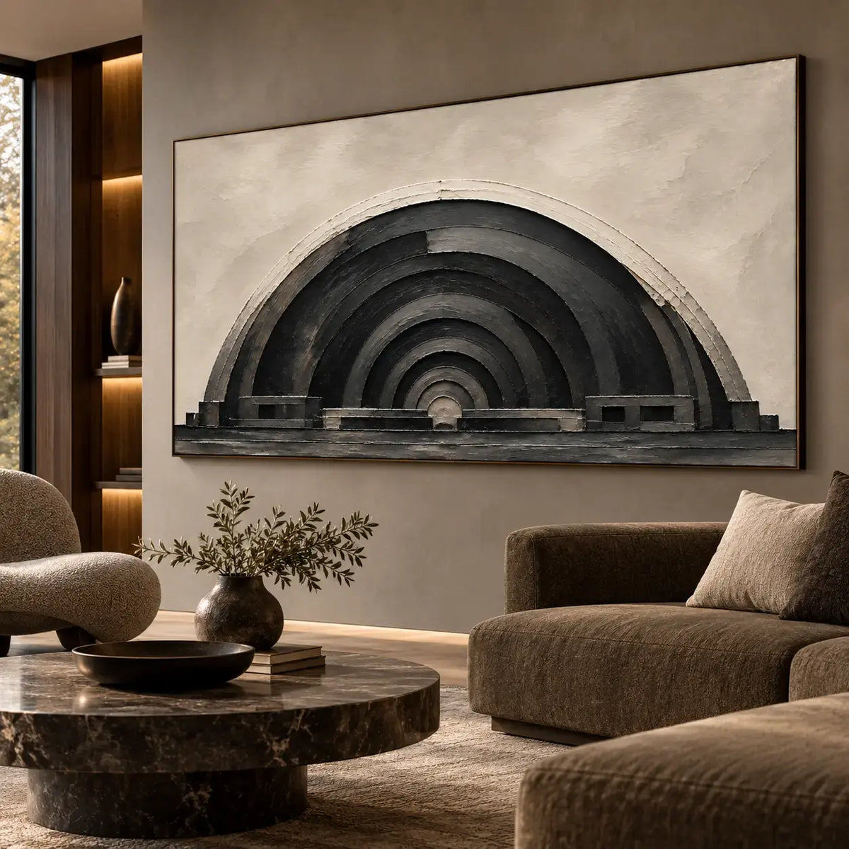 The Charcoal Arcade: angled above a brown sofa beside an illuminated wooden niche