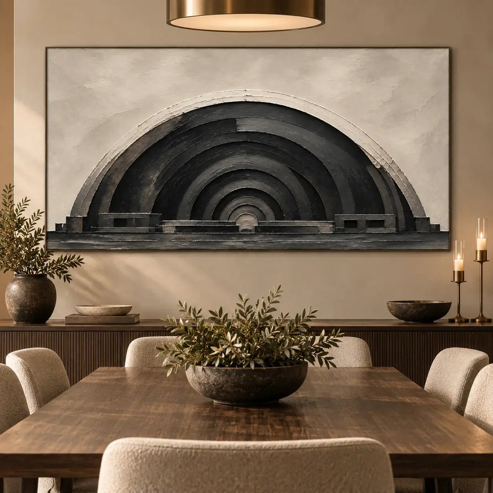 The Charcoal Arcade: above a dining sideboard behind a wood table and cream chairs