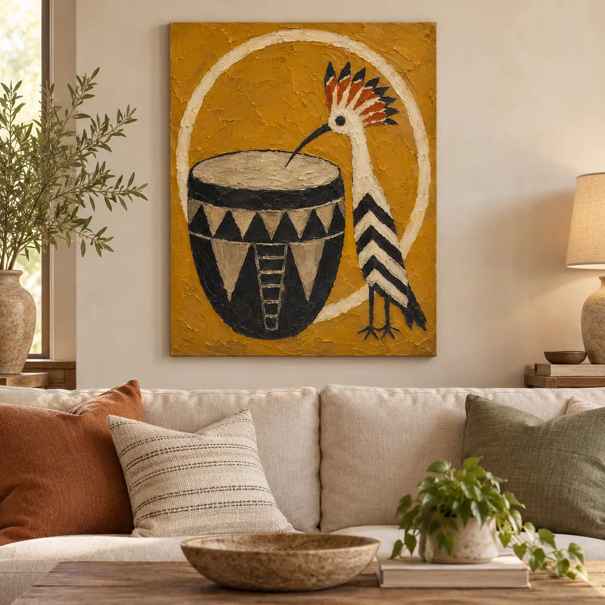 The Crested Drummer: above a cream sofa with rust and olive cushions