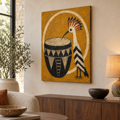 The Crested Drummer: angled above a walnut sideboard beside a black window and table lamp