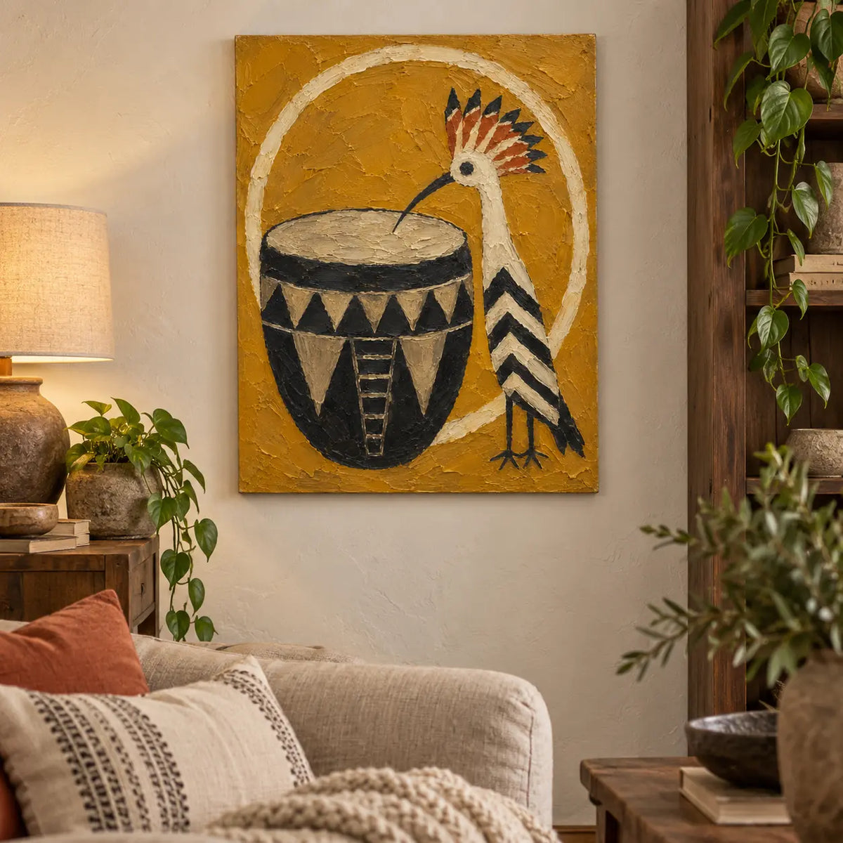 The Crested Drummer: above a cream sofa beside plants and a wooden bookcase