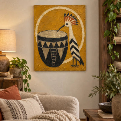 The Crested Drummer: above a cream sofa beside plants and a wooden bookcase