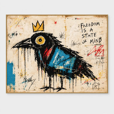 Black crow with a yellow eye, blue wing, small crown and FREEDOM IS A STATE OF MIND lettering