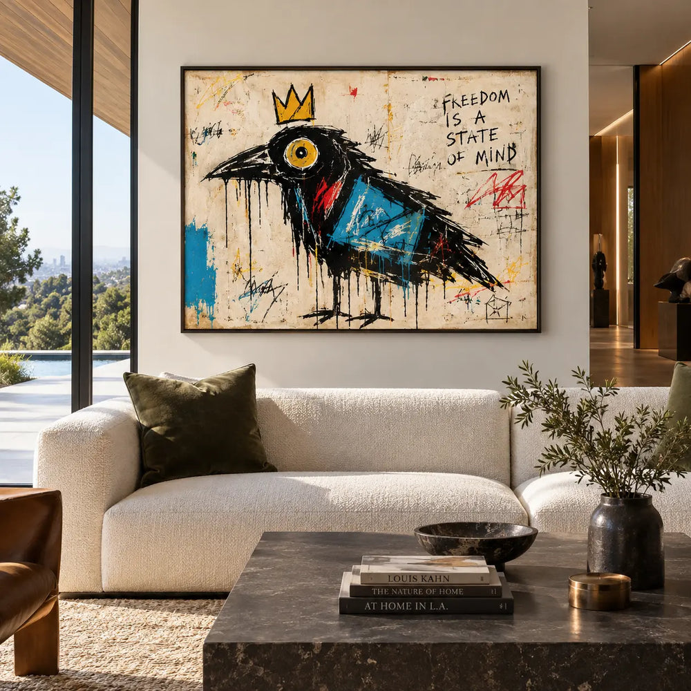 The Crow with a Blue Wing: artwork above a cream sectional with olive cushions and a sunny garden view