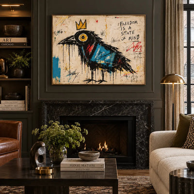 The Crow with a Blue Wing: artwork above a dark marble fireplace beside olive seating