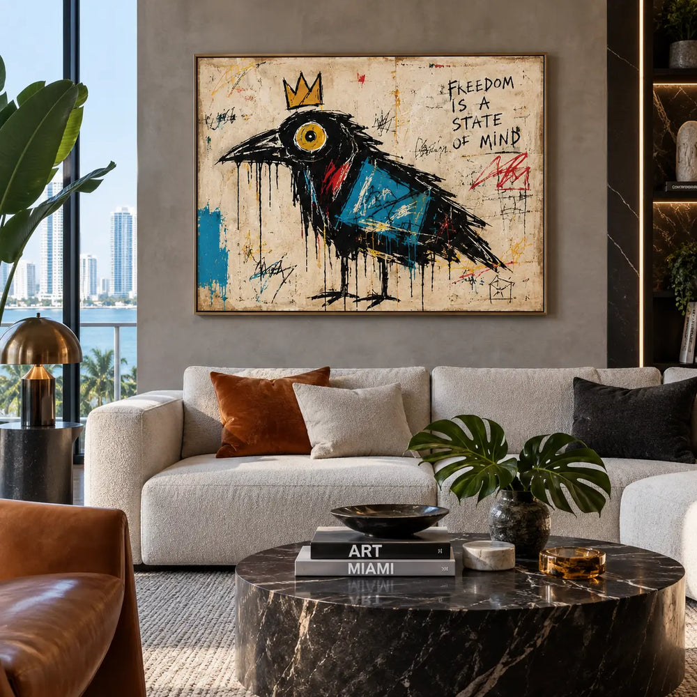 The Crow with a Blue Wing: artwork above a white sectional with rust cushions and a black marble table