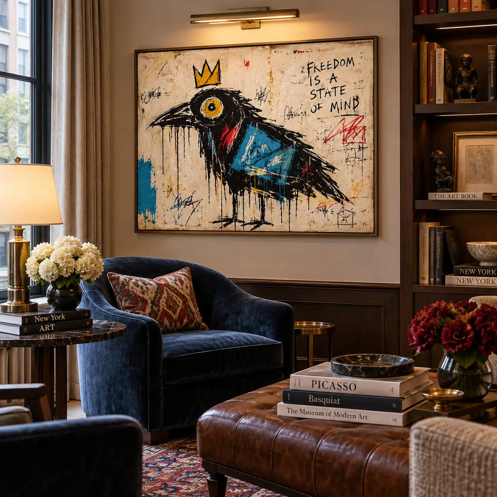The Crow with a Blue Wing: artwork above a navy chair near bookshelves and a brown leather sofa