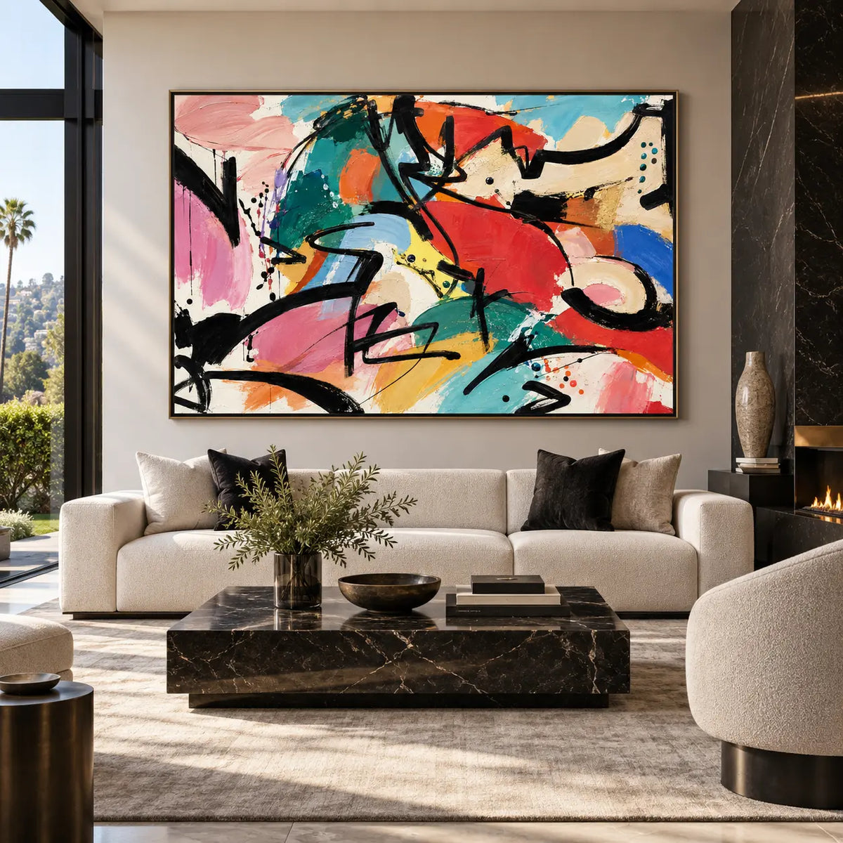 The Curve That Cuts Back: above a white sofa beside a black fireplace and square marble table