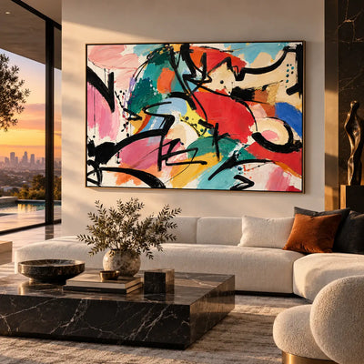 The Curve That Cuts Back: above a cream sofa with a rust cushion beside sunset glazing