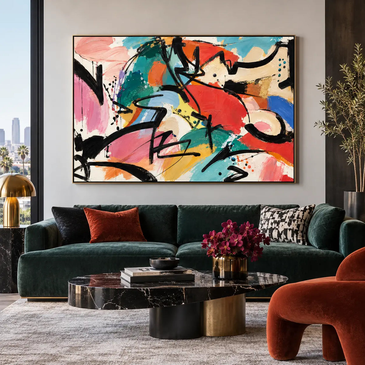 The Curve That Cuts Back: above a deep green sofa with pink flowers and a rust-colored chair