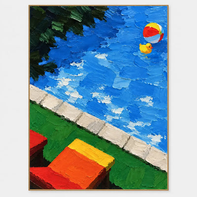 The Duck and the Striped Ball: A yellow toy duck floats near a multicolored ball in blue water