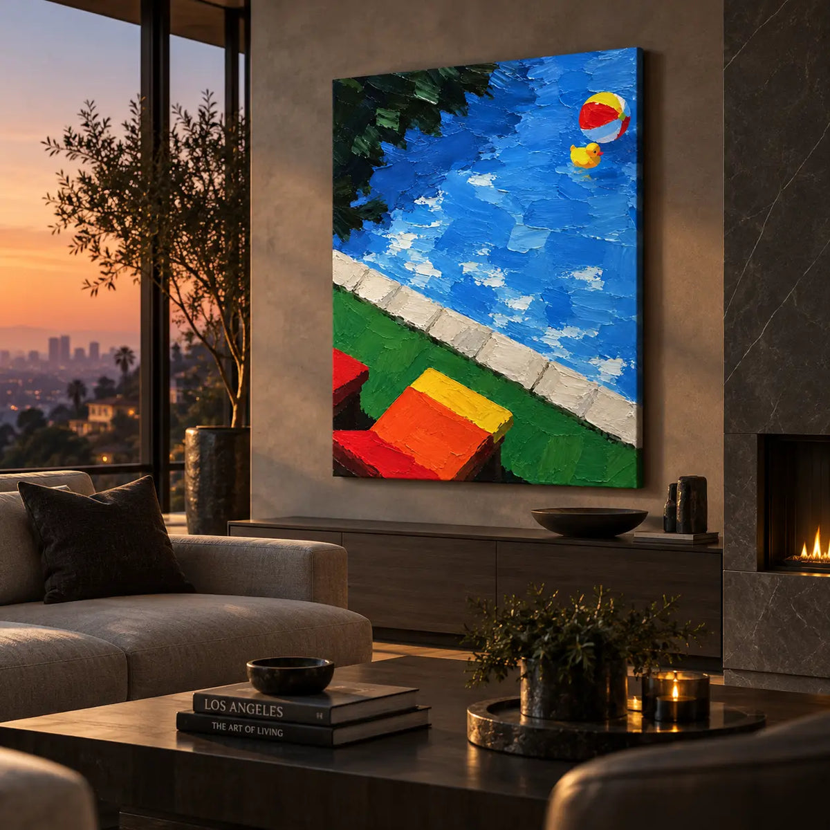 The Duck and the Striped Ball: above a console beside sunset glazing and a fireplace