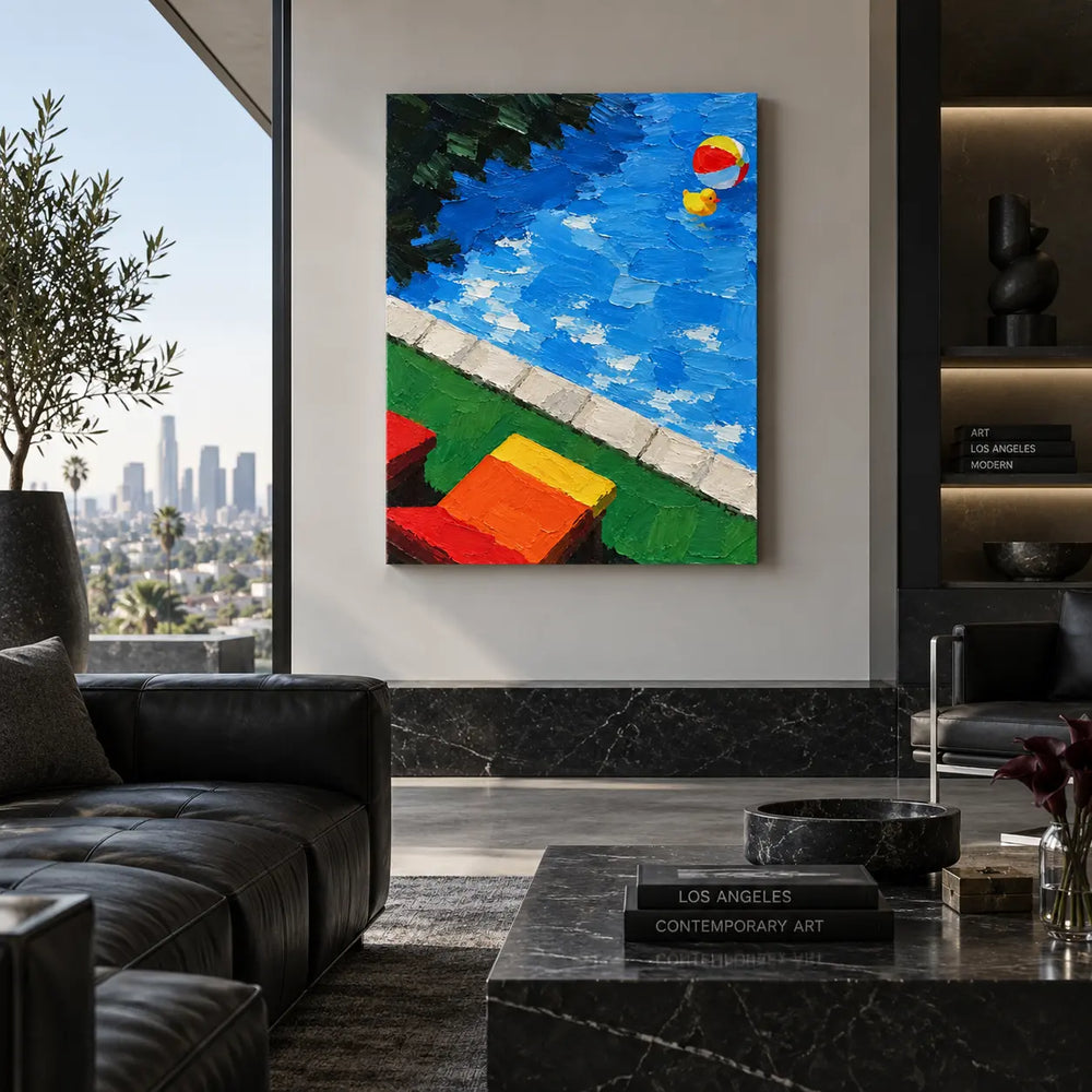 The Duck and the Striped Ball: above a black fireplace near a dark leather sofa and marble table