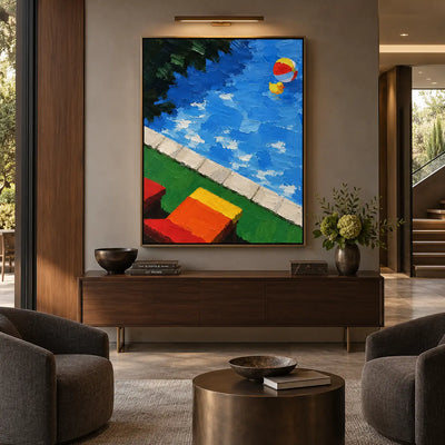 The Duck and the Striped Ball: above a walnut cabinet beneath a picture light beside a gold-toned table