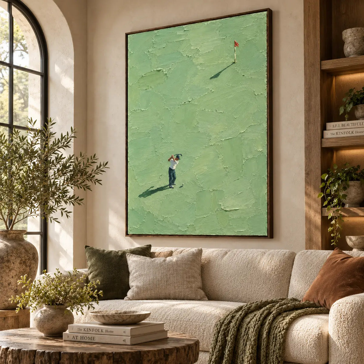 The Flag at a Distance: angled above a cream sofa beside an arched black window