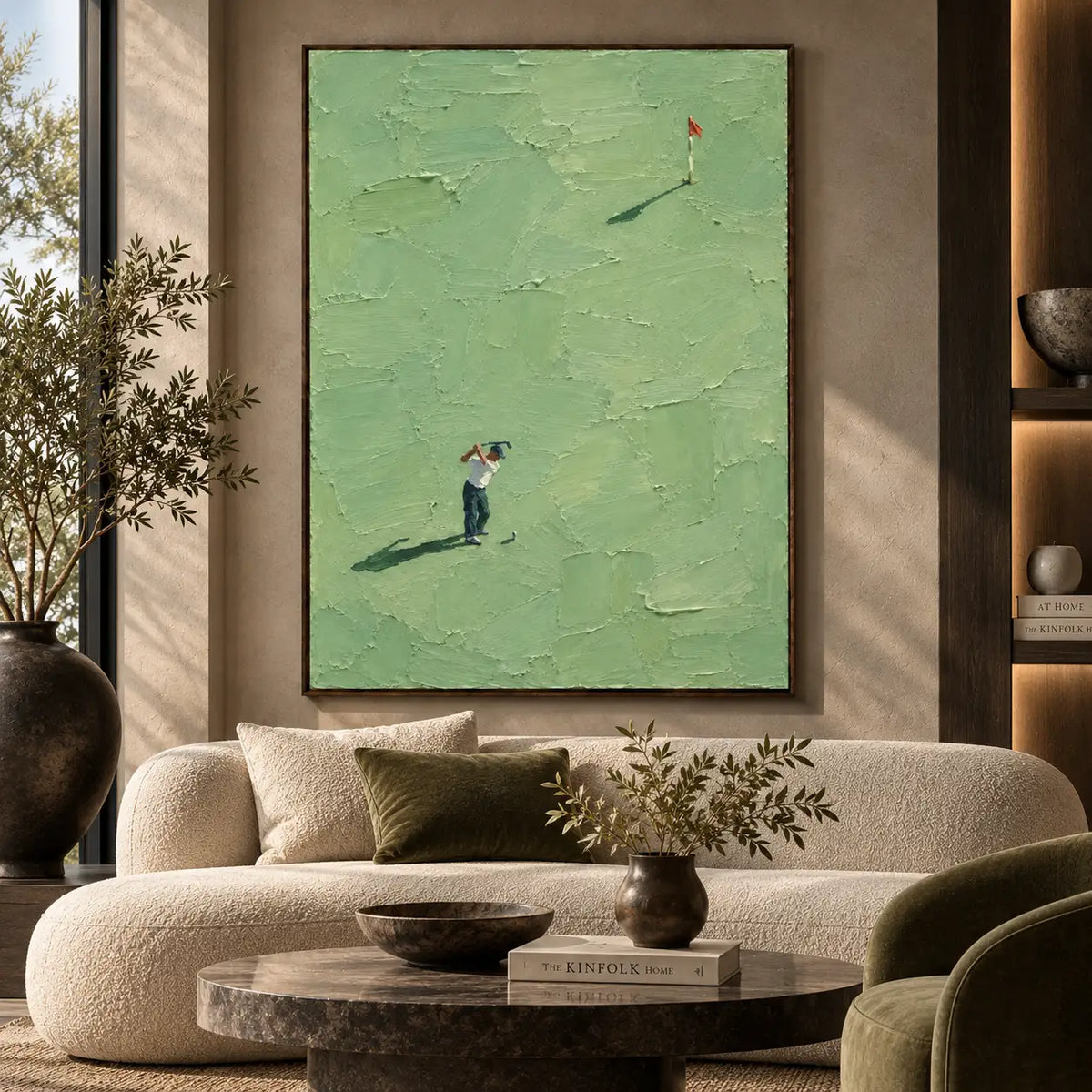 The Flag at a Distance: above a curved cream sofa and dark round stone table