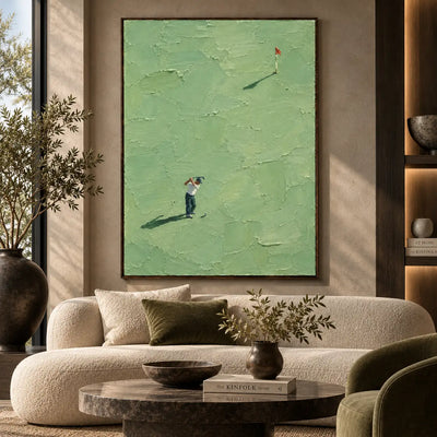 The Flag at a Distance: above a curved cream sofa and dark round stone table