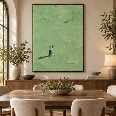 The Flag at a Distance: above a dining sideboard behind a wood table with a foliage bowl
