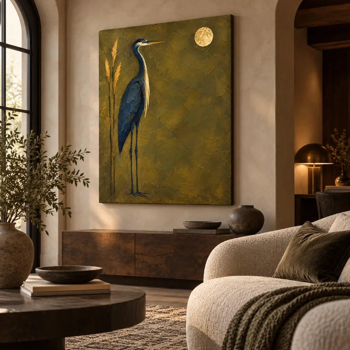 The Heron’s Golden Hour: angled above a dark wood sideboard beside an arched window