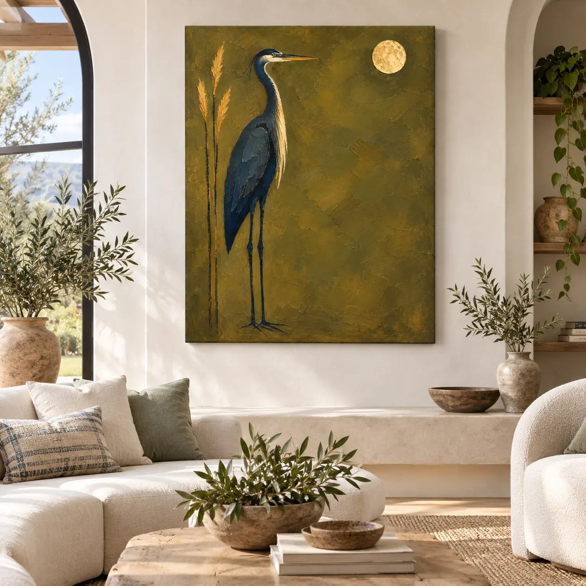 The Heron’s Golden Hour: above a pale stone ledge behind low cream seating