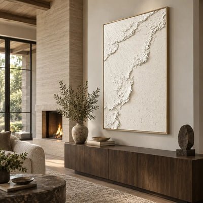 The Ivory Ascent: above a dark wood cabinet beside a stone fireplace and tall window