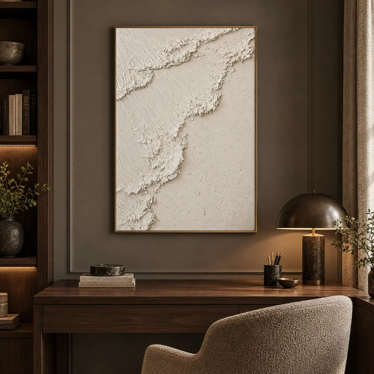 The Ivory Ascent: above a wood desk with a dark dome lamp beside built-in shelves