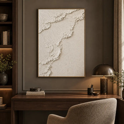 The Ivory Ascent: above a wood desk with a dark dome lamp beside built-in shelves