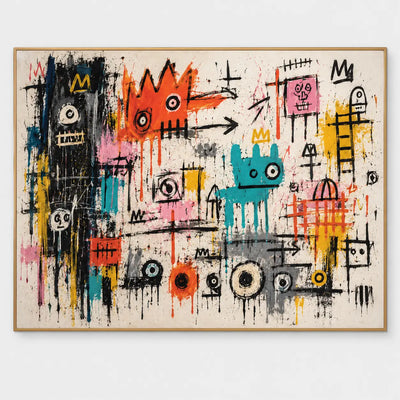 Imaginary crowned figures with turquoise bodies, orange spikes and circular eyes on a pale graffiti field