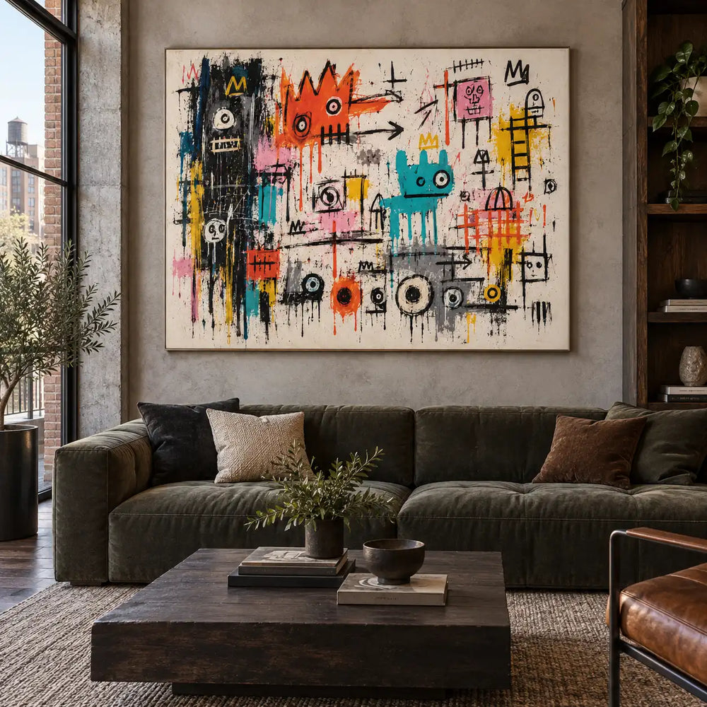 The Little Crowned Assembly: artwork above a green sofa beside a tall window and dark rectangular table