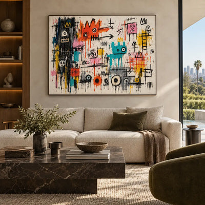 The Little Crowned Assembly: artwork above a cream sofa facing olive seating and a garden view