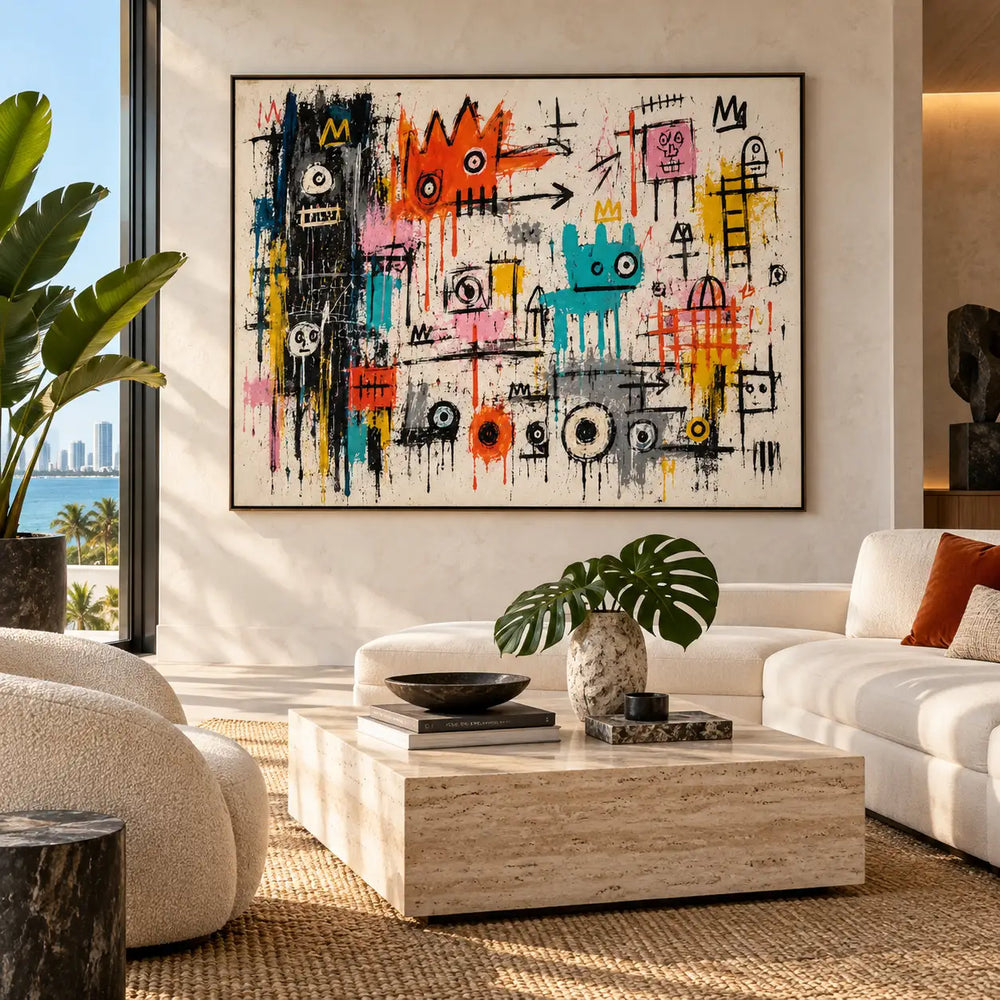 The Little Crowned Assembly: artwork above white seating and a pale stone coffee table beside tropical leaves