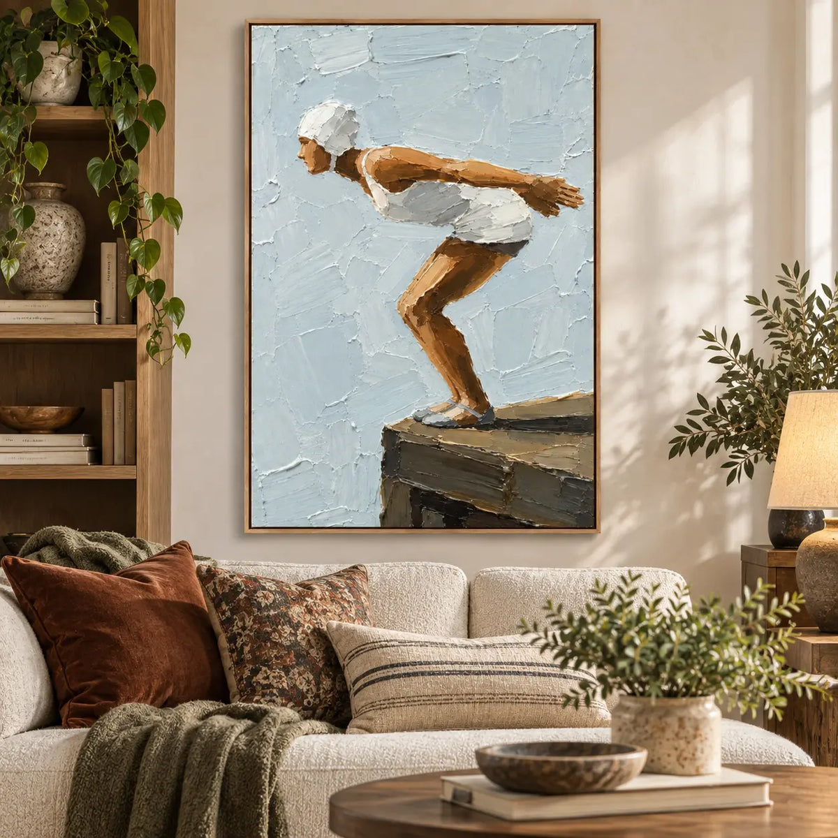 The Moment Before above a sofa with olive and rust cushions beside a trailing plant
