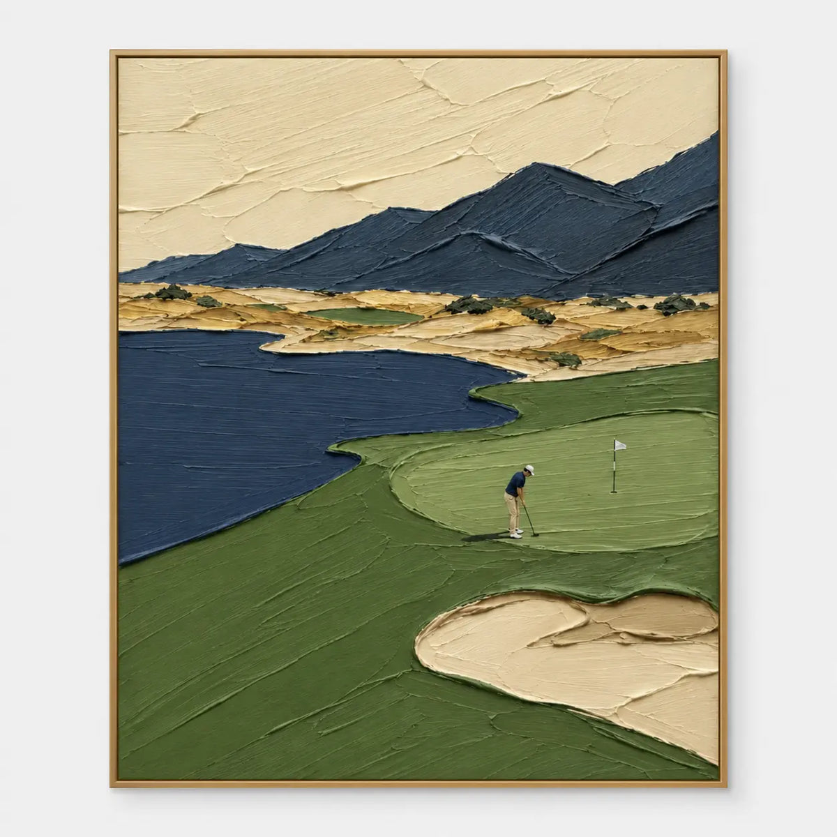 The Putt Beneath Blue Peaks: Lone golfer lines up a putt near a white flag on an olive green beside deep blue water