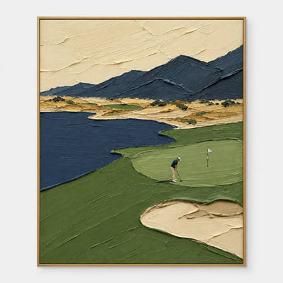 The Putt Beneath Blue Peaks: Lone golfer lines up a putt near a white flag on an olive green beside deep blue water