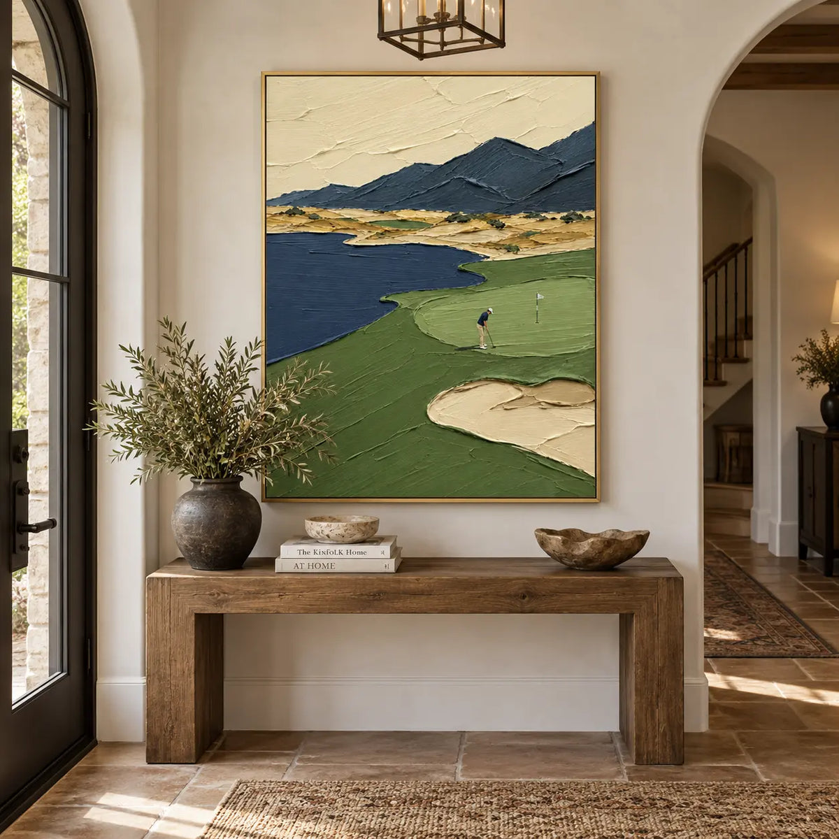 The Putt Beneath Blue Peaks: above a wood entry console beneath a lantern pendant