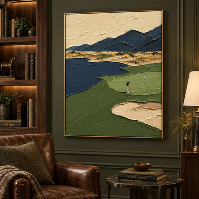The Putt Beneath Blue Peaks: beside a brown leather chair against a dark green library wall