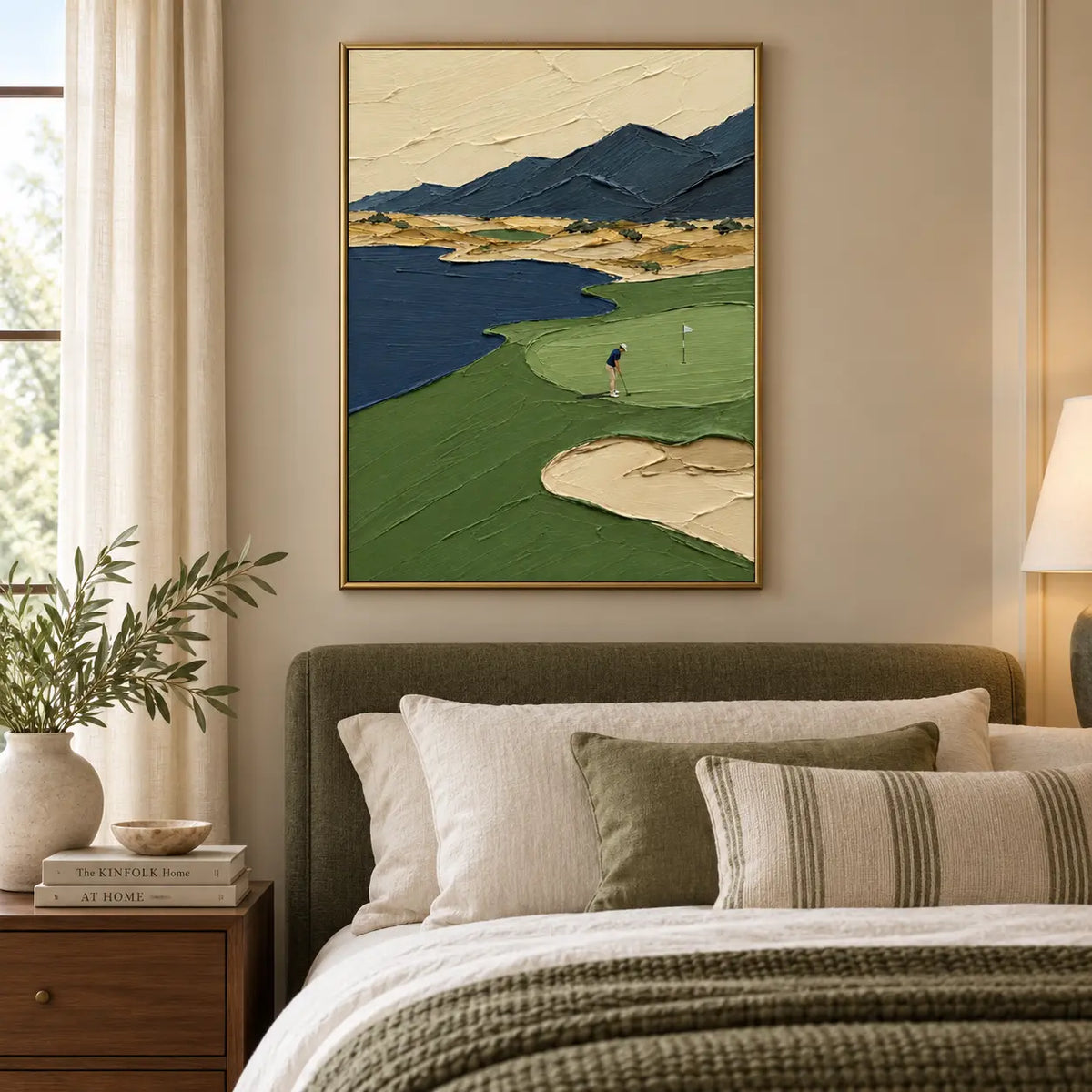The Putt Beneath Blue Peaks: above a bed with an olive headboard and striped lumbar cushion