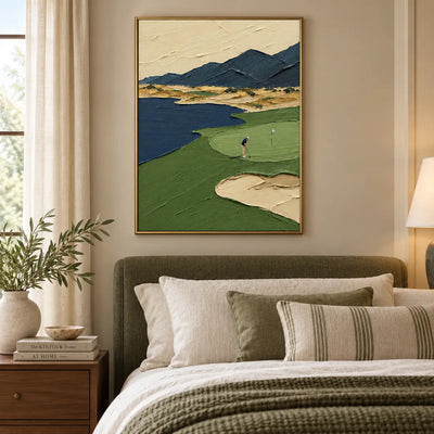 The Putt Beneath Blue Peaks: above a bed with an olive headboard and striped lumbar cushion