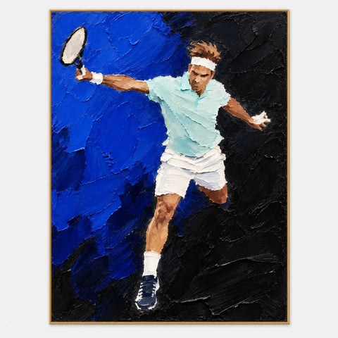 The Reach Across Cobalt: A white-headbanded player reaches left with a racket