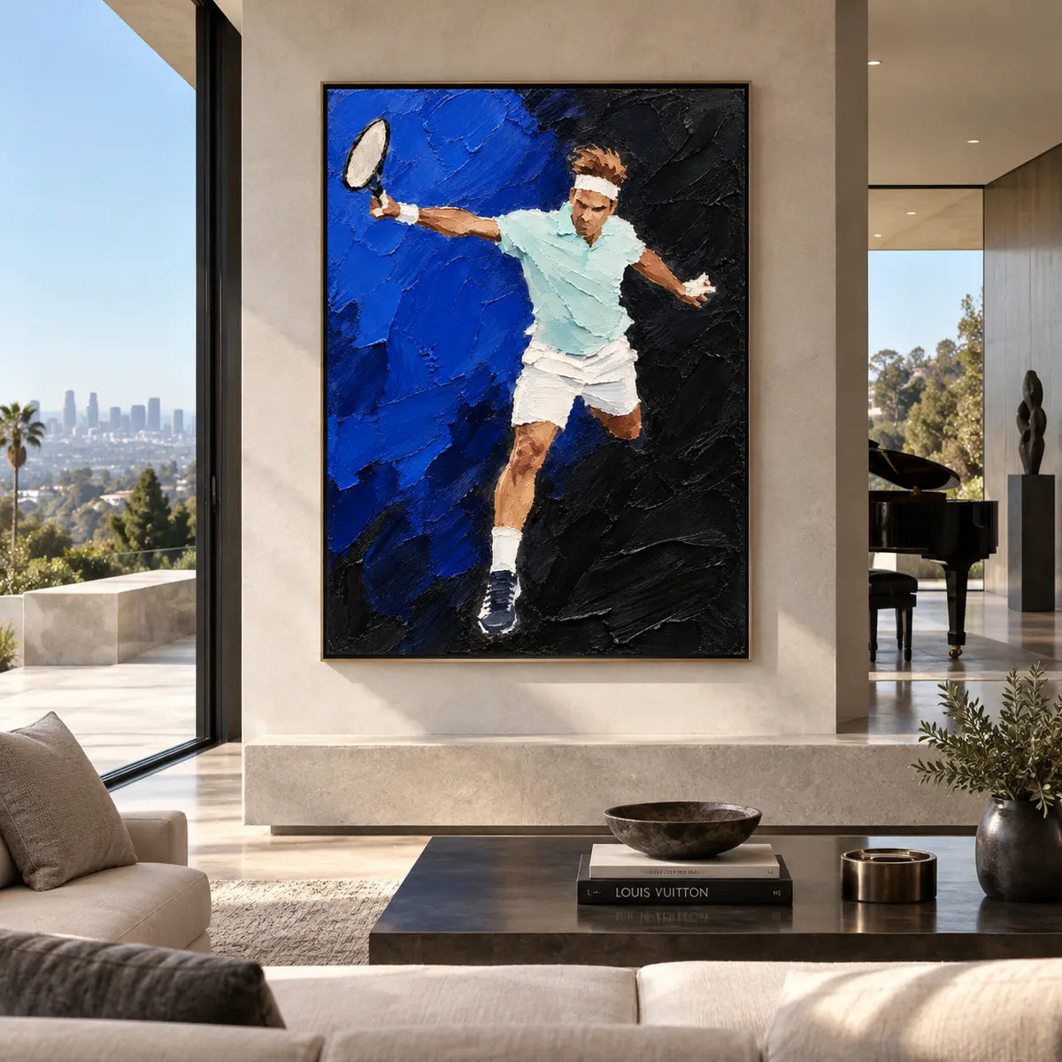 The Reach Across Cobalt: beside tall glazing and a grand piano above a dark coffee table