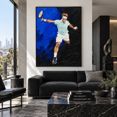 The Reach Across Cobalt: above a black sofa with a veined stone table and gray cushions