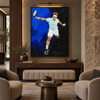 The Reach Across Cobalt: above a slim console and upholstered bench beneath a brass picture light