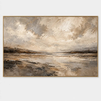 The Shore Beneath the Clouds: A quiet shoreline beneath sweeping cream and gray clouds