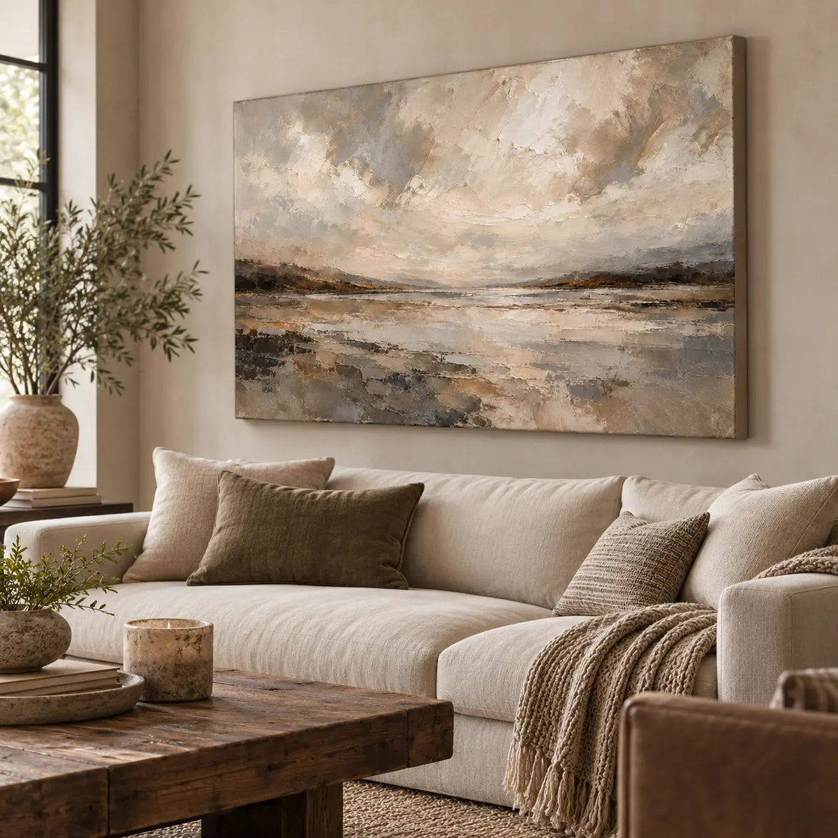 The Shore Beneath the Clouds above a neutral sectional beside a broad window and pale wood table