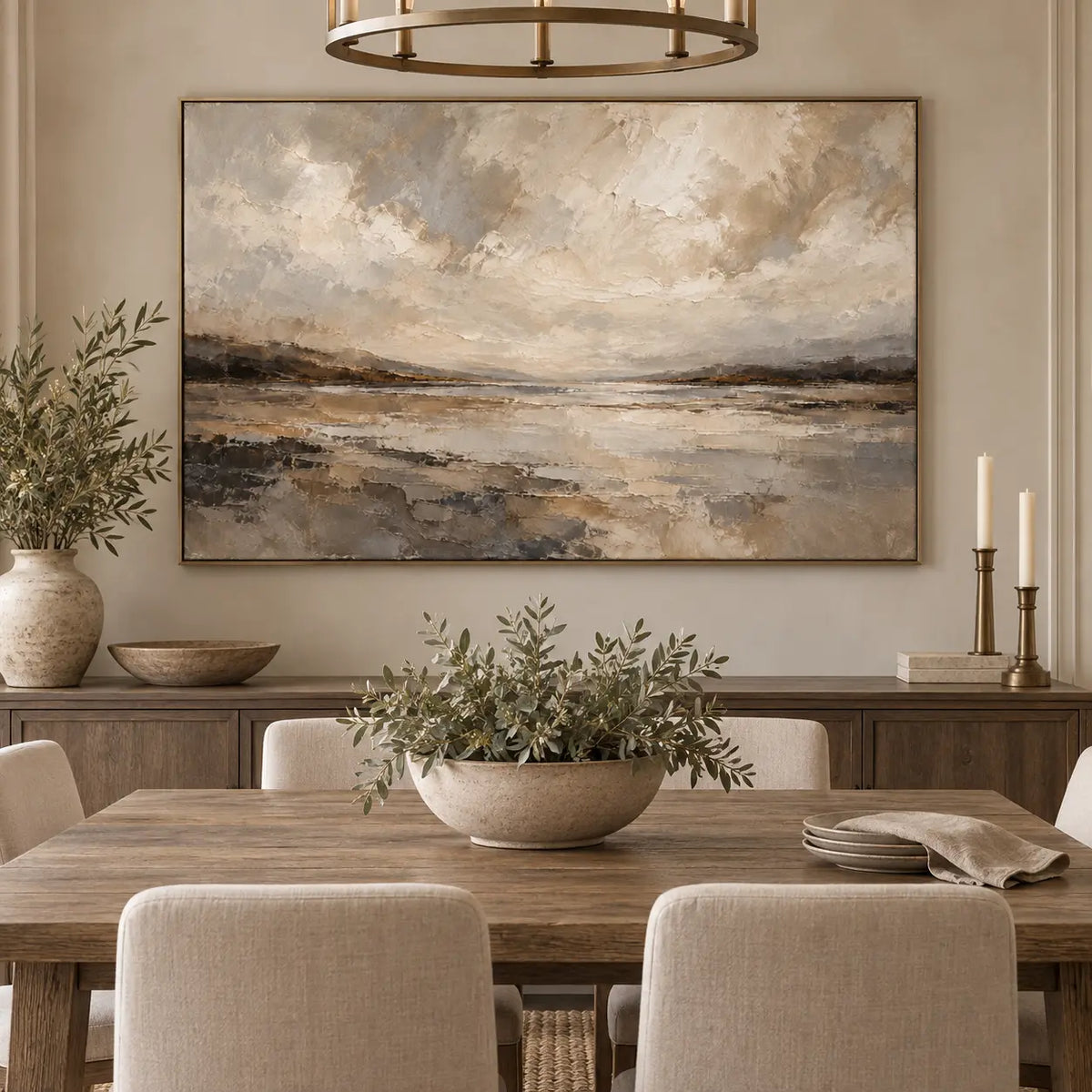 The Shore Beneath the Clouds over a dining sideboard beneath a circular brass fixture