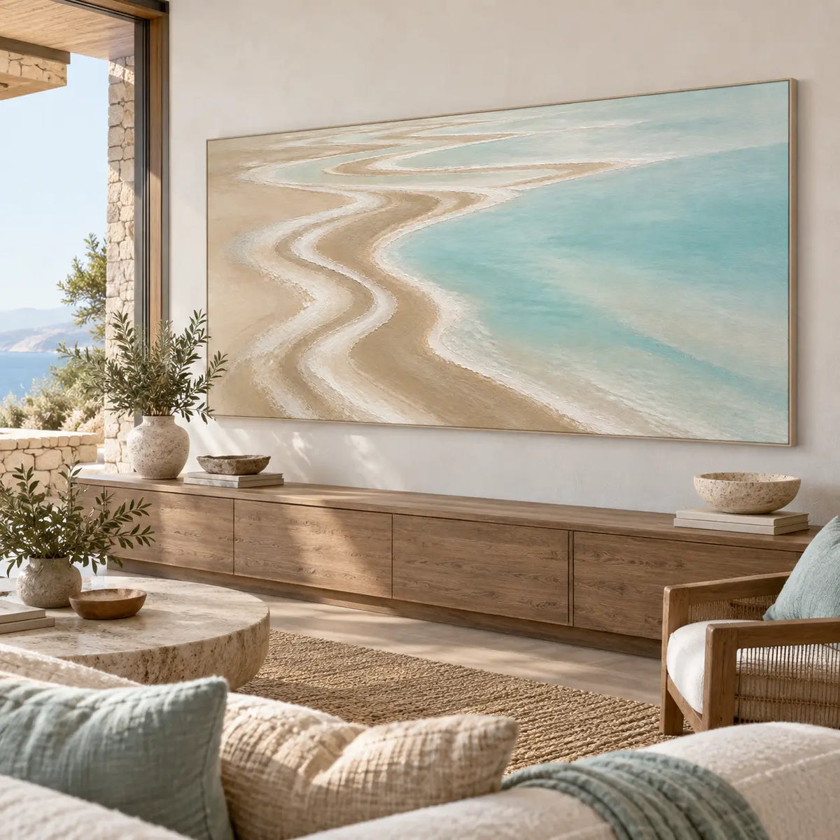 The Shore Draws a Curve: angled above an oak sideboard beside an ocean view window