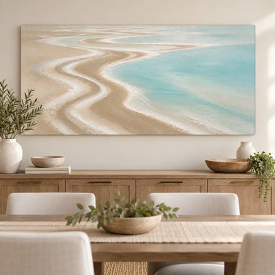 The Shore Draws a Curve: above an oak dining sideboard behind a table with a cream runner