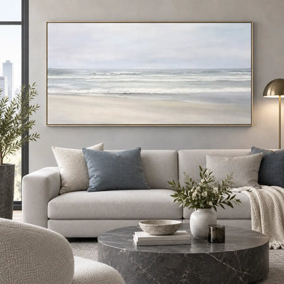 The Shore in Silver Light: over a white sofa with a gray marble coffee table